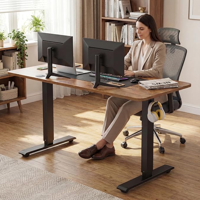 Electric Adjustable Height Standing Desk, 48×24 Inches Sit Stand Desk with Power Socket, 2 USB Ports, 3 Power Outlets, 4 Wheels,4 Memory Buttons Home Office Computer Workstations (Brown)