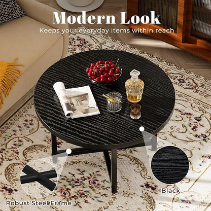 FAMIDGE Round Coffee Table, Small Coffee Tables for Living Room, Black Coffee Table with Metal Frame, Floor Table Desk for Sitting on The Floor, Home, Office, Farmhouse, Black (23.6" D x 17.7" H)