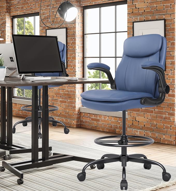 Misolant Leather Drafting Chair, Tall Office Chair for Standing Desk, High Executive Office Chair with Adjustable Height and Flip-up Armrest for Counter Height Desk