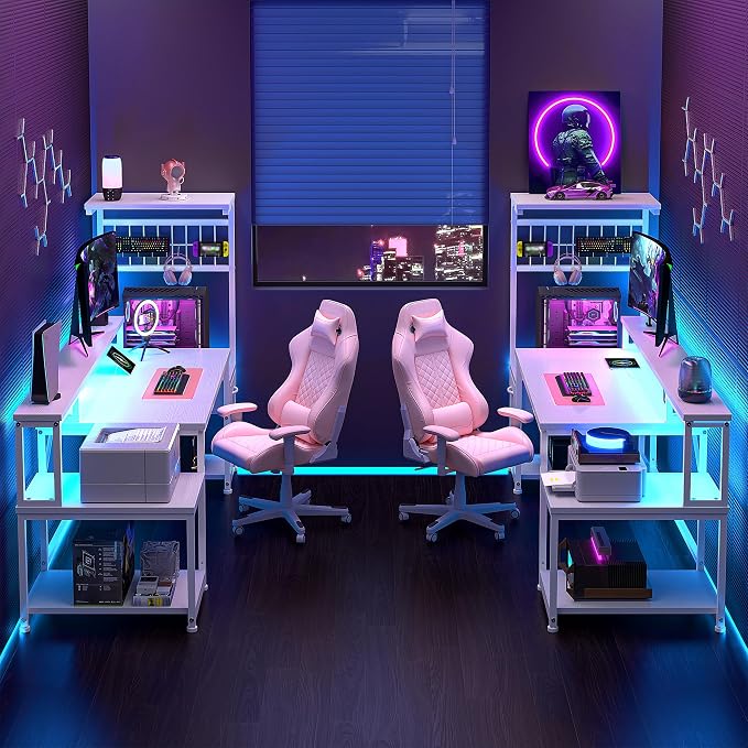 DurayLoly 63" Computer Desk with LED Lights & Outlets,Office Desk with Drawers & Monitor Stand,Gaming Desk with 3 Storage Shelves, Hooks& Printer Space for Game&Study Room,Home Office,Bedroom,White