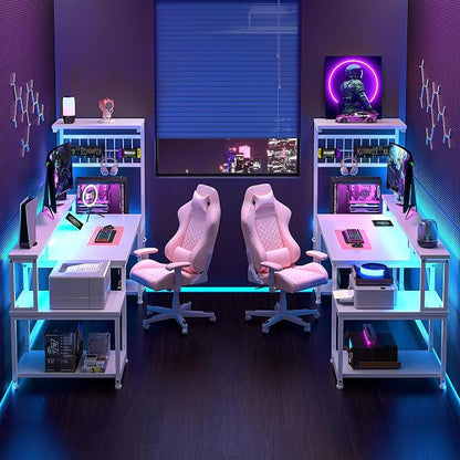 DurayLoly 63" Computer Desk with LED Lights & Outlets,Office Desk with Drawers & Monitor Stand,Gaming Desk with 3 Storage Shelves, Hooks& Printer Space for Game&Study Room,Home Office,Bedroom,White