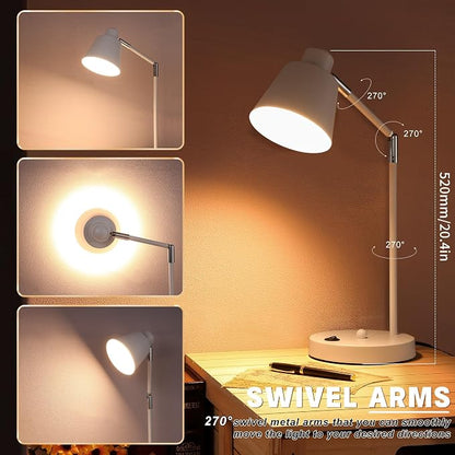 Anxingtools LED Desk Lamp with Dual USB Charging Ports, 100% Metal, 270° Swivel Arms, Soft White Light (3000K), Bedside Reading Lamp, Home Office Lamp(White)