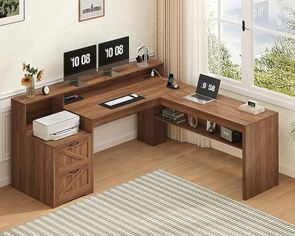 YOMILUVE Farmhouse 63" L Shaped Desk with Drawers, Home Office Desks with Storage Shelves and Printer Stand, Corner Computer Desk with Power Outlets and Monitor Stand, Brown
