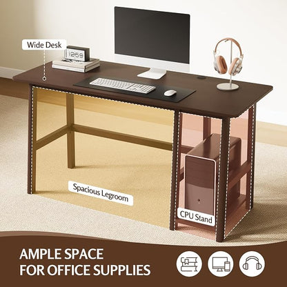 NELYE Solid Wood Computer Desk - 58" W x 24" D Modern Minimalist Table with Shelf，Sturdy Computer Workstation for Home Office, Walnut