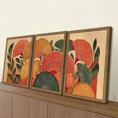 Framed Colorful Botanical Wall Art Set of 3, Vintage Ginkgo Leaves Canvas Wall Decor Paintings, Mid Century Abstract Flowers Posters Prints Pictures for Living Room Bedroom Bathroom 12x16 Inch