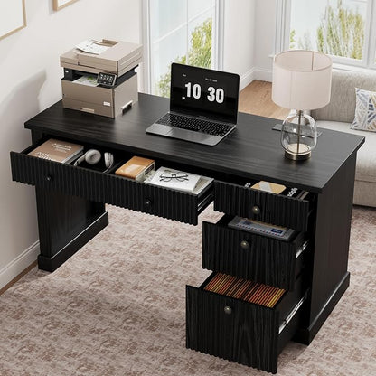 IDEALHOUSE 54" Executive Desk with Fluted Wave Board Design, Home Office Computer Desk with 3 Drawers and Storage Cabinet, Built-in USB Ports & Power Outlets, Modern Writing Table for Bedroom Black