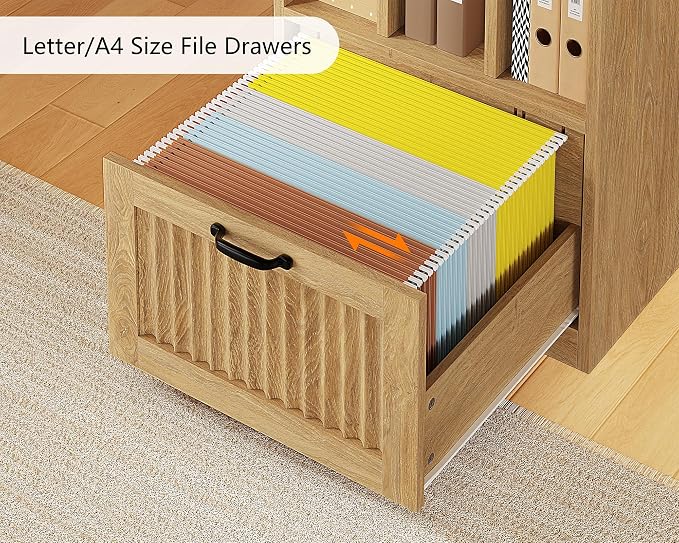 YOMILUVE 63" L Shaped Desk with Drawers, Farmhouse Corner Computer Desk with Power Outlets, Storage Cabinet, Home Office Executive Desk with Long Monitor Stand, Oak