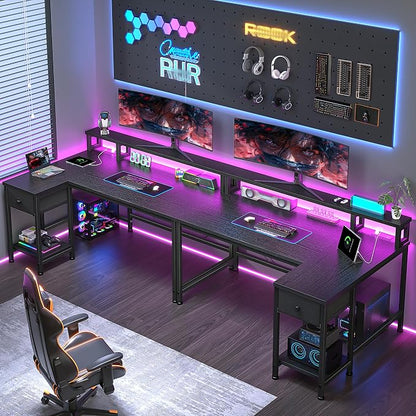 DurayLoly 40" L- Shaped Gaming Desk with LED Lights & Power Outlet,Gaming Desk with Monitor Stand for Gamer,Home Office Desk with Drawer for Student Study Room,Bedroom,Small Working Room,Black