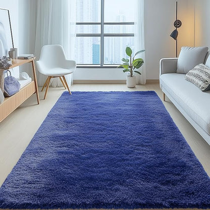 OLANLY 5x5 Area Rugs for Living Room Bedroom, Machine Washable Soft Fluffy Shaggy Bedside Rug, Indoor Floor Carpet for Kids Girls and Boys, Dorms, Nursery Rooms, Home Decor Aesthetic, Navy Blue