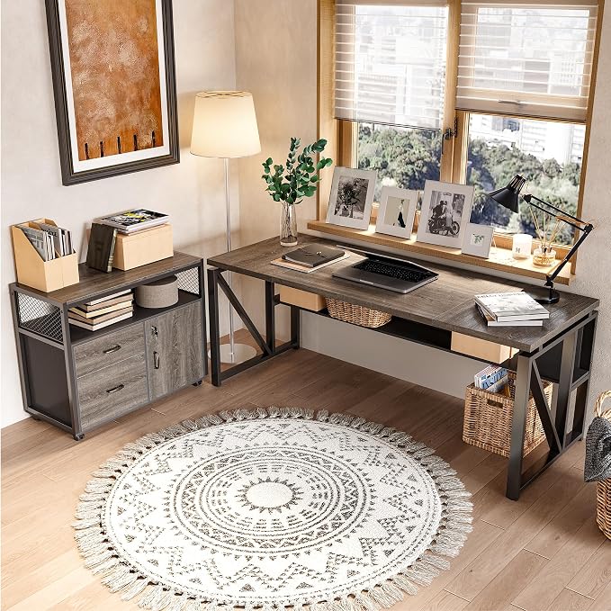 LITTLE TREE 63-Inch Office Desk with 31.5-Inch Lateral File Cabinet, Study Writing Desk Computer Desk for Home Office