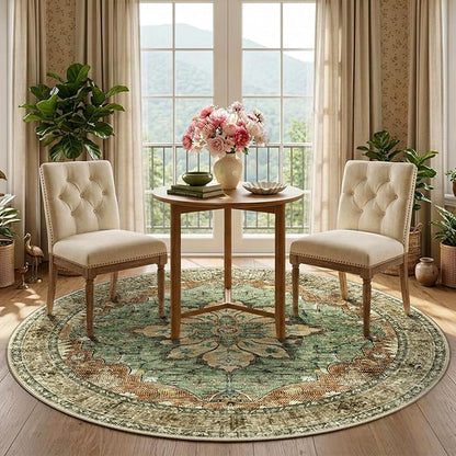 RELEANY Area Rugs Round 5ft Washable Non-Slip, Floral Vintage Distress Medallion Carpet for Living Room Bedroom Dining Room, Terracotta Burnt Orange Green