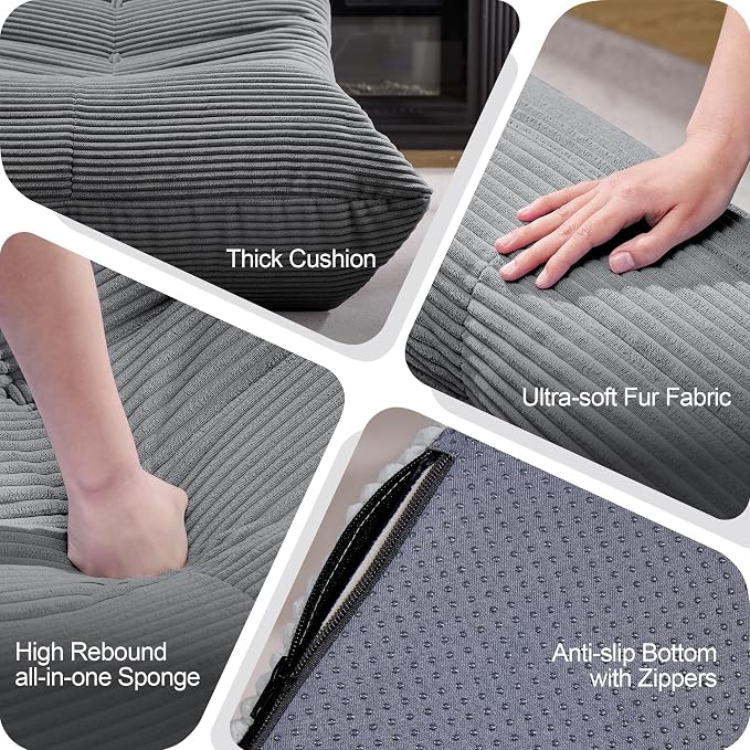 Hobestluk Adults Bean Bag Chair Faux Fur BeanBag Couch for Living Room | Grey Corduroy,Ergonomic Design,Memory Foam,UltraSoft,Anti-slip Bottom,No Assembly Required,Decorative Style for Living Room