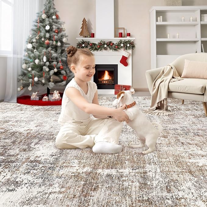 UERMEI Area Rug Living Room Rugs - Washable Neutral Modern Abstract Soft Thin Rug Indoor Floor No Slip Rug Carpet for Bedroom Under Dining Table Home Office Decor - Brown/Grey/Red - 6x9