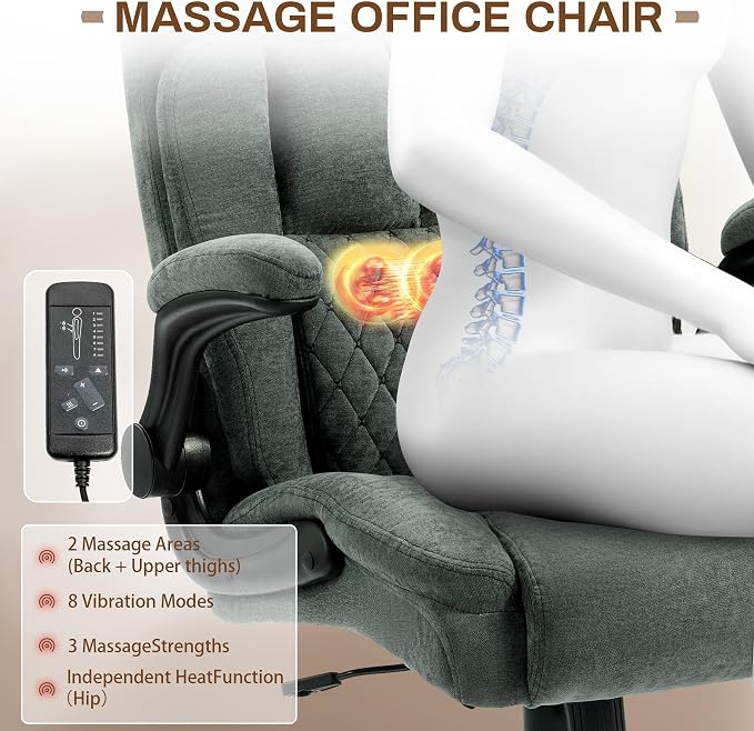 Massage Office Chair,500LBS Ergonomic Rocking Executive Desk Chairs with 4 Points Vibration&Heat,Padded Flipup Armrests for Big and Tall Office Chair,Swivel Computer Chair Fabric DarkGreen