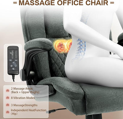 Massage Office Chair,500LBS Ergonomic Rocking Executive Desk Chairs with 4 Points Vibration&Heat,Padded Flipup Armrests for Big and Tall Office Chair,Swivel Computer Chair Fabric DarkGreen