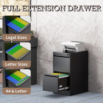 2 Drawer File Cabinet with Lock, File Cabinet, Steel Vertical Filing Cabinets for Home Office, Heavy Duty File Storage Cabinet for Legal/Letter/A4 Documents, Easy to Assemble, Black