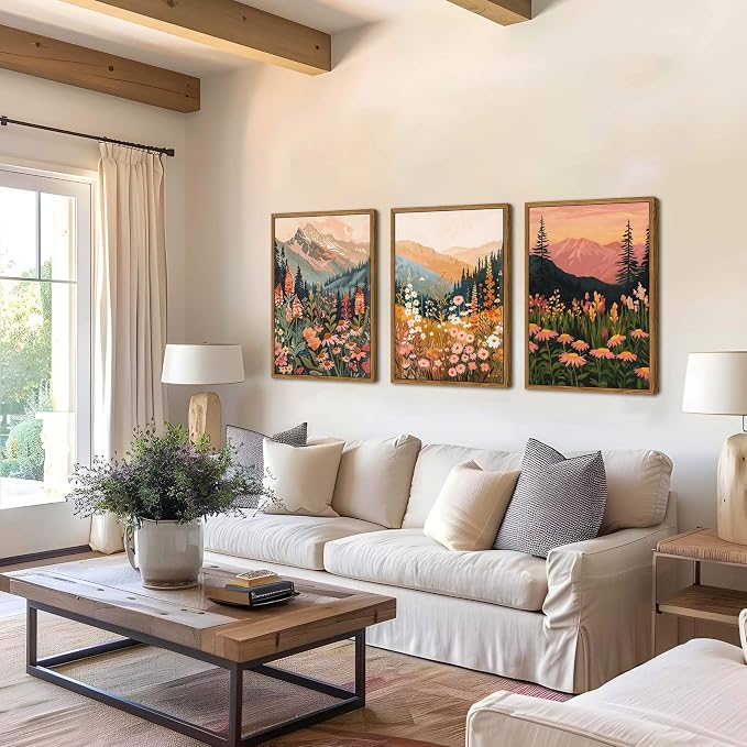 Floating Framed Boho Colorful Mountain Wall Art Set of 3, Vintage Wildflower Landscape Canvas Wall Decor Paintings, Nature Floral Forest Posters Pictures Prints for Living Room Bedroom 12x16 Inch