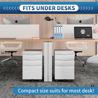 Locking File Cabinet 3 Drawers on Wheels Under Desk, Metal Filing Cabinets for Home Office, A4, Letter-Size Files, Hanging File Folders-White