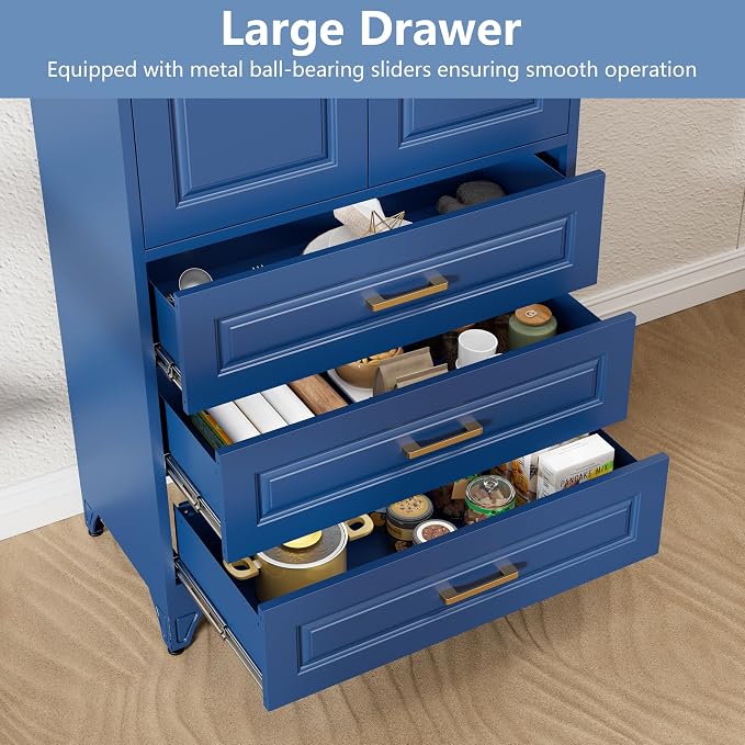 Polup Metal Storage Cabinet,75" Tall Kitchen Pantry Storage Cabinet with Doors and Adjustable Shelves, Blue Metal Pantry Cabinets with 3 Drawers, Large Cupboard for Dining Living Room, Bathroom