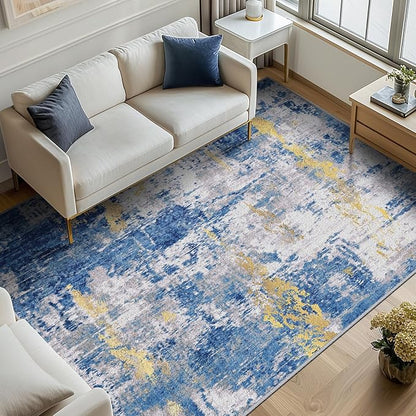 RELEANY Washable Area Rugs 8'x10' Non-Slip Modern Abstract Soft for Living Room Entryway Bedroom Kitchen, Print Pattern, Grey Blue Gold/Golden