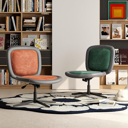 Nordic Armless Ergonomic Office Chair with Wheels, Diamond Tufted PU Leather Computer Chair, Adjustable Height Desk Chair with Solid Wood Back for Small Home Office (No Wheels-Beige)