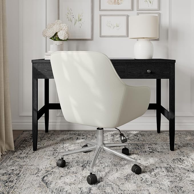 Martha Stewart Rayna Swivel Task Chair with Flared Arms for Home Office in Light Gray Fabric with Polished Nickel Frame