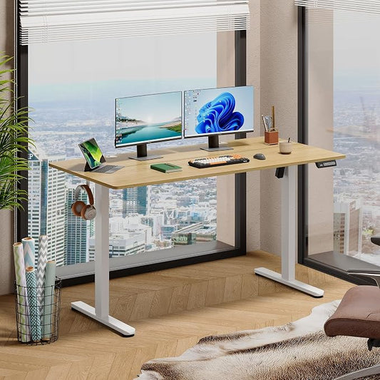 DEVAISE 55 Inch Electric Standing Desk, 3 Adjustable Computer Desk for Home Office, Ergonomic Sit to Stand Desk with LED Touchscreen，Headphone Hook, 3 Memory Preset, with Split Top, Maple