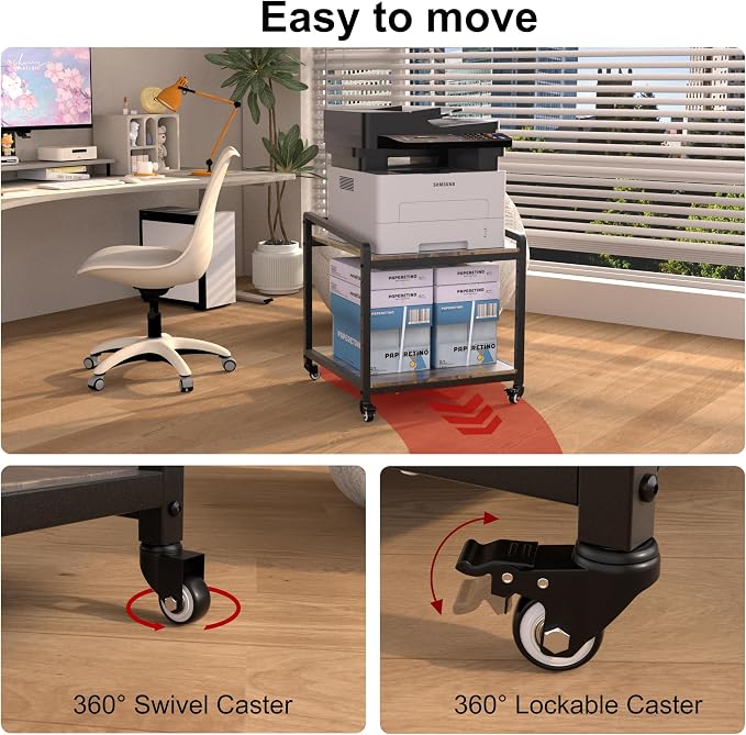TRUSOON Mobile Printer Stand with Lockable Wheels, 2 Tier Rolling Printer Cart Under Desk with Adjustable Shelf, 23" Hight, Holds up to 200lbs for Home & Office, Rustic Brown