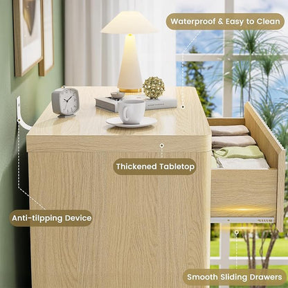 Fluted Nightstand Set of 2, Natural Oak Night Stand with 3 Drawers, Bedside Table with Storage, Mid Century Modern End Table Bedside Table Set, Curved Profile Handleless Design, 25” Wide