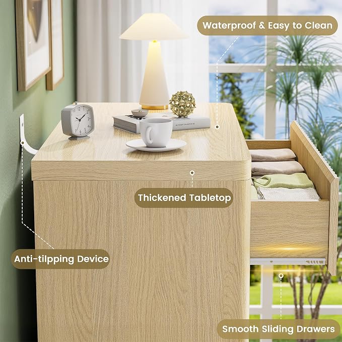 Fluted Nightstand with 3 Drawers, Wood Night Stand with Storage, 25" Wide Side Table, Modern Bedside Table for Bedroom, End Table for Living Room, Handleless Design, Curved Profile, Natural Oak 1PC
