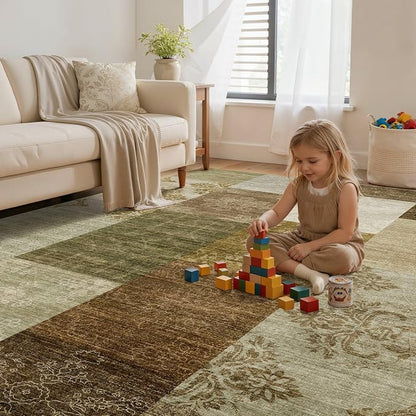 UERMEI 6x9 Area Rug for Living Room - Washable Neutral Modern Abstract Carpet, Non-Slip Soft Large Indoor Floor Rugs for Bedroom Home Office & Under Dining Table Decor, Brown/Green