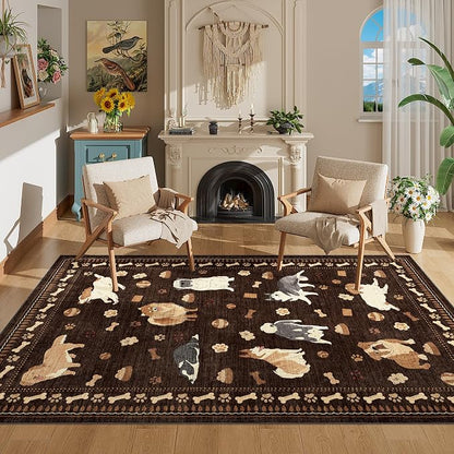 DUKINO 4x6 Area Rug, Non Slip Washable Rug for Living Room with Low Pile Design, Lightweight & Non Shedding Animal Dog Print Indoor Soft Carpet for Bedroom, Dining Room, Kids Room, Office, Brown