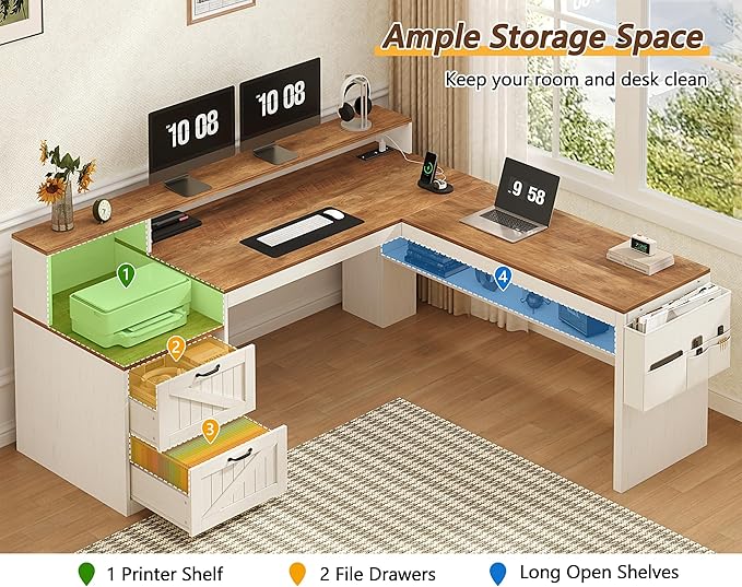 YOMILUVE Farmhouse 63" L Shaped Desk with Drawers, Home Office Desks with Storage Shelves and Printer Stand, Corner Computer Desk with Power Outlets and Monitor Stand, Brown and White