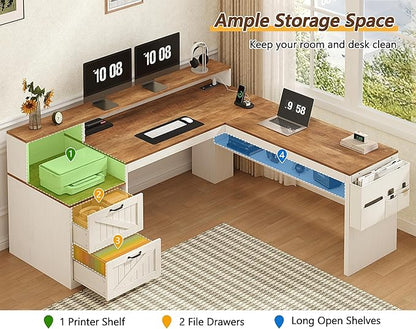 YOMILUVE Farmhouse 63" L Shaped Desk with Drawers, Home Office Desks with Storage Shelves and Printer Stand, Corner Computer Desk with Power Outlets and Monitor Stand, Brown and White