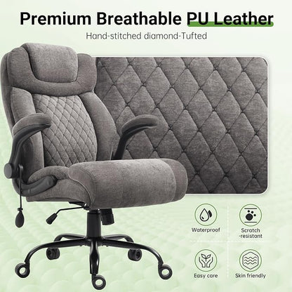 Office Chair, Big and Tall Executive Chairs with Lumbar Support for Back Pain, Breathable Fabric Desk Computer Chair with Adjustable Flip-up Armrests,Wide Cushion Swivel Home Office Chair Black,Grey