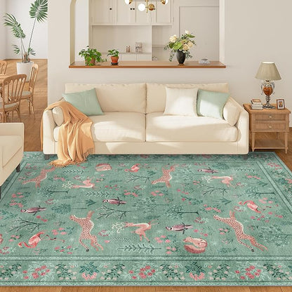 DUKINO 6x9 Rug, Washable Animal Living Room Rug with Non Slip Vintage Design, Soft Low Pile Large Carpet for Bedroom, Nursery, Dining Room, Farmhouse, Playroom, Teal