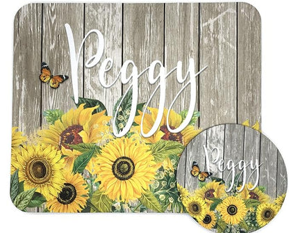 Sunflower Personalized Mouse Pad and Coaster Custom Desk Set Teacher Appreciation Coworker Gifts Office Decor Cute Accessories for Women Her Handmade (Sunflower Barnwood)