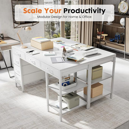 Sweetcrispy 55" Computer Desk with 6 Drawers, Home Office Gaming Desks with Storage Shelves for Bedroom, Writing Study Corner Living Room Work Table White