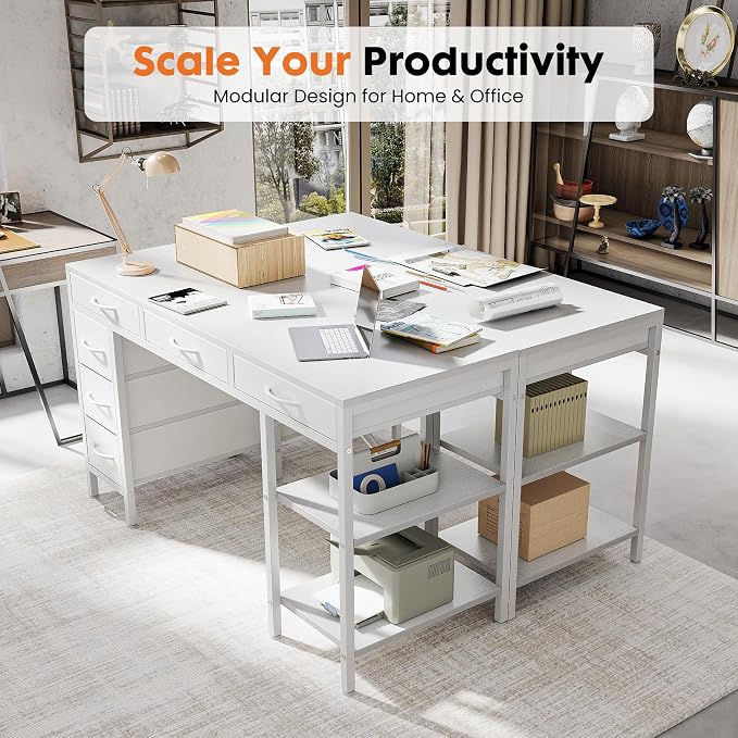 OLIXIS Computer Desk with 6 Drawers, 55 inch Office Workstation with Storage Shelves, Reversible Gaming Setup, Corner Table with Storage Drawers, Work for Home Office, Study, Living Room, White