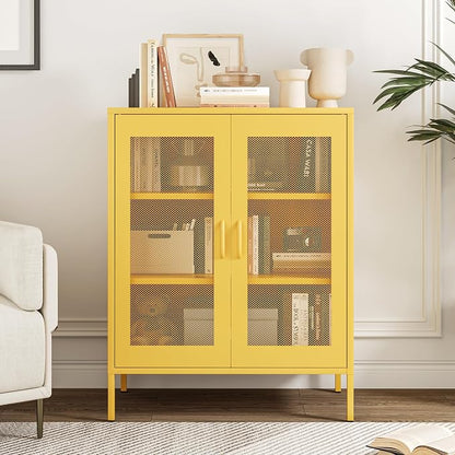 Chshin Metal Locker Storage Cabinet with 2 Mesh Doors and Adjustable Shelves,Yellow Metal Locker Cabinets,Coffee Bar Cabinet,Kitchen Pantry Storage Cabinets for Home,Sideboard,Office(40" H)