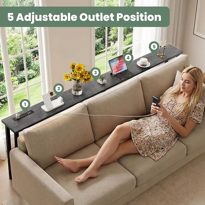 GRLEAF 70" Sofa Table with Built-in Power Strip (2 AC Outlets & 2 USB Ports) – 4.9ft Power Cord, Metal Frame, Easy Assembly, Long Couch Table Behind Sofa, Living Room and Home Office | Charcoal Gray