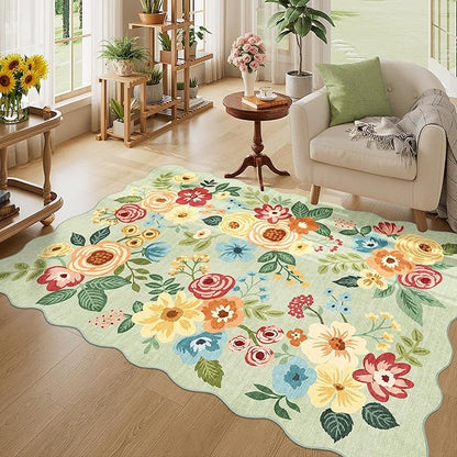 DUKINO 4x6 Area Rug, Floral Non-Slip Indoor Washable Rug with Low Pile & Non-Shedding, Lightwight Boho Design Carpet for Entryway, Bedroom, Kids Room, Living Room, Kitchen, Green