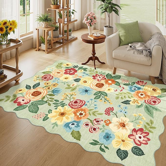 DUKINO 4x6 Area Rug, Floral Non-Slip Indoor Washable Rug with Low Pile & Non-Shedding, Lightwight Boho Design Carpet for Entryway, Bedroom, Kids Room, Living Room, Kitchen, Green
