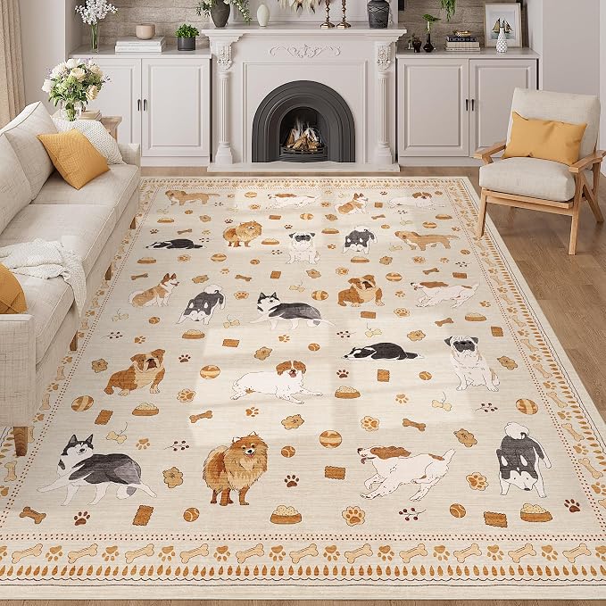 DUKINO 8x10 Area Rug, Non Slip Washable Animal Dog Rug for Living Room, Stain Resistant & Low Pile Indoor Floor Large Carpet for Bedroom, Farmhouse, Nursery, Dining Room, Kids Playroom, Beige Yellow