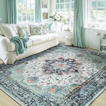 RELEANY Area Rugs 5'x7' Washable Non-Slip, Floral Vintage Distress Medallion Carpet for Living Room Bedroom Dining Room, Green Navy Blue White Red Teal