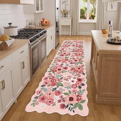DUKINO Washable Runner Rug, 2x7 Lightweight Soft Floral Hallway Rug Runner with Low Pile Design, Non Shedding & Non Slip Backing Thin Indoor Carpet for Bedroom, Bathroom, Entrance, Kitchen, Pink