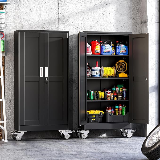 Metal Garage Storage Cabinet with Wheels, 61" H x 27.6" W x 13.8" D, Lockable Rolling Steel Tool Cabinet with Adjustable Shelves, Heavy Duty Garage Cabinet for Workshop, Basement, Home, Black