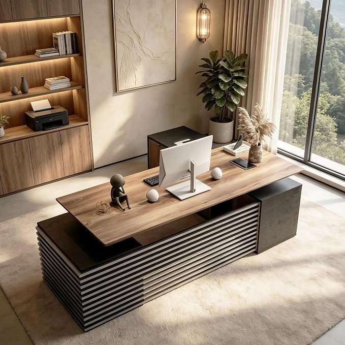 SAINTCY 86.61In L Shaped Executive Standing Desk with Drawers, Large Modern Adjustable Heigh Home Office Desk w/Universal Charging Ports, Business Workstation, Black and Warm Oak