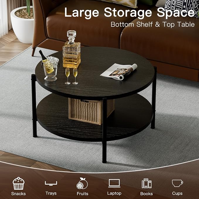 FAMIDGE Coffee Table, 2 Tiers Round Coffee Table, Black Modern Coffee Table for Living Room, Small Space Friendly (Sturdy Metal Frame, Easy Assembly) 27.5x17.7in