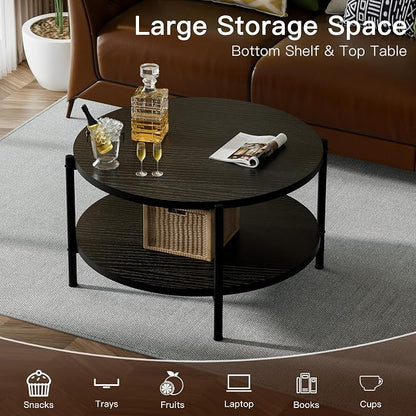 FAMIDGE Coffee Table, 2 Tiers Round Coffee Table, Black Modern Coffee Table for Living Room, Small Space Friendly (Sturdy Metal Frame, Easy Assembly) 27.5x17.7in